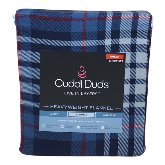 Cuddl Duds Queen Heavyweight Flannel Sheet Set Blue Plaid Soft Brushed Cotton - Picture 7 of 8